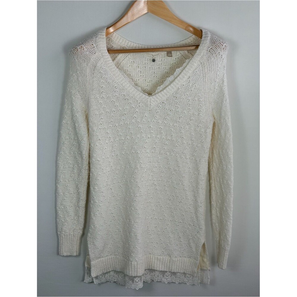 Knitted & Knotted Cream Lace Hem V Neck Tunic Sweater Extra Small